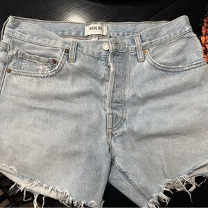 Agolde Sky Blue Frayed Denim Shorts